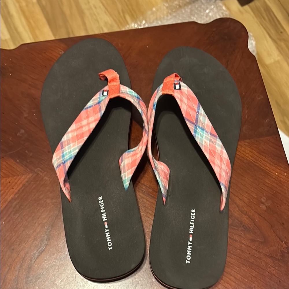Tommy Hilfiger Red and Blue Plaid Flip Flops